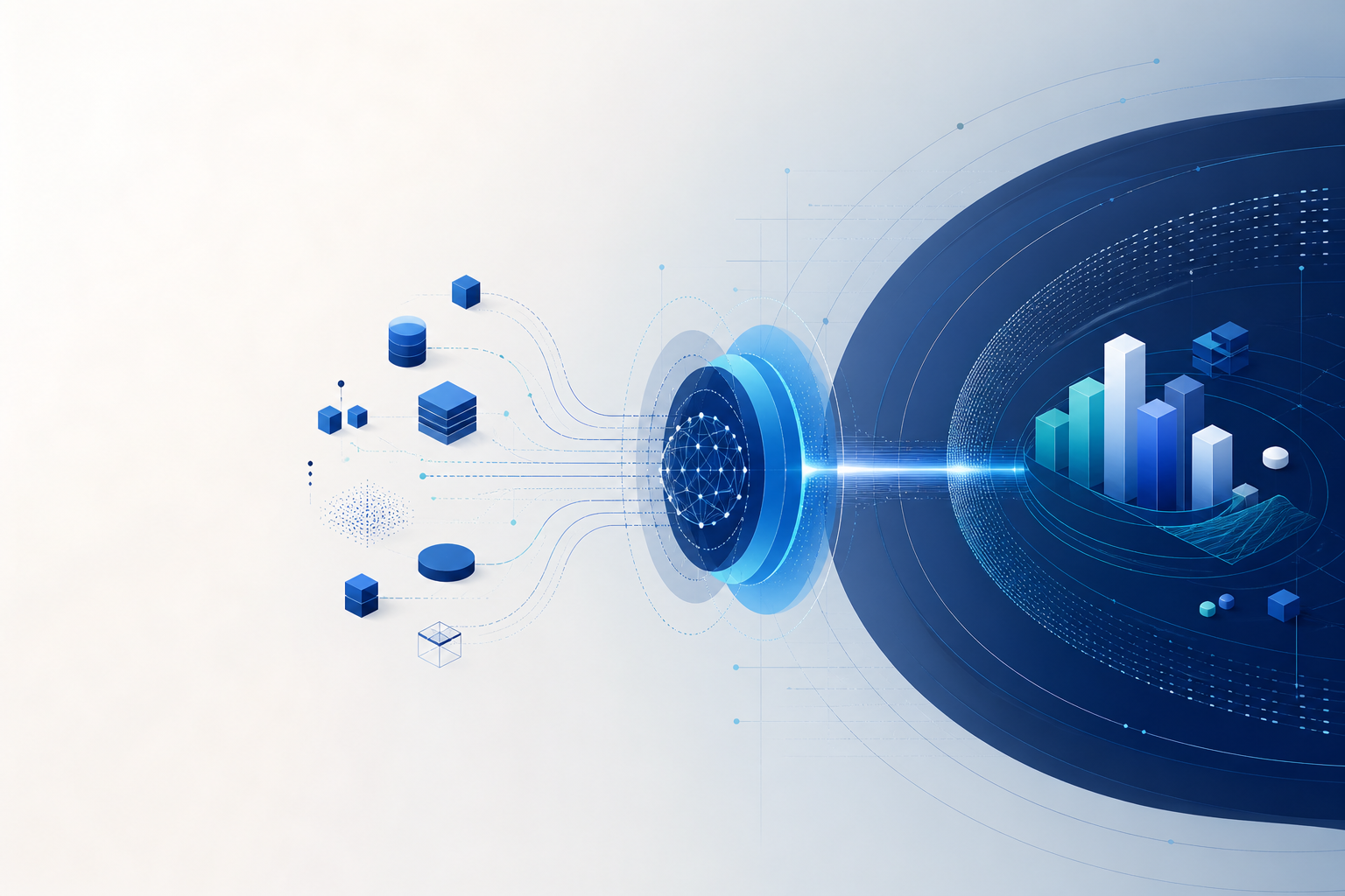 Abstract transformation flow from connected enterprise systems through AI orchestration to operational outcomes